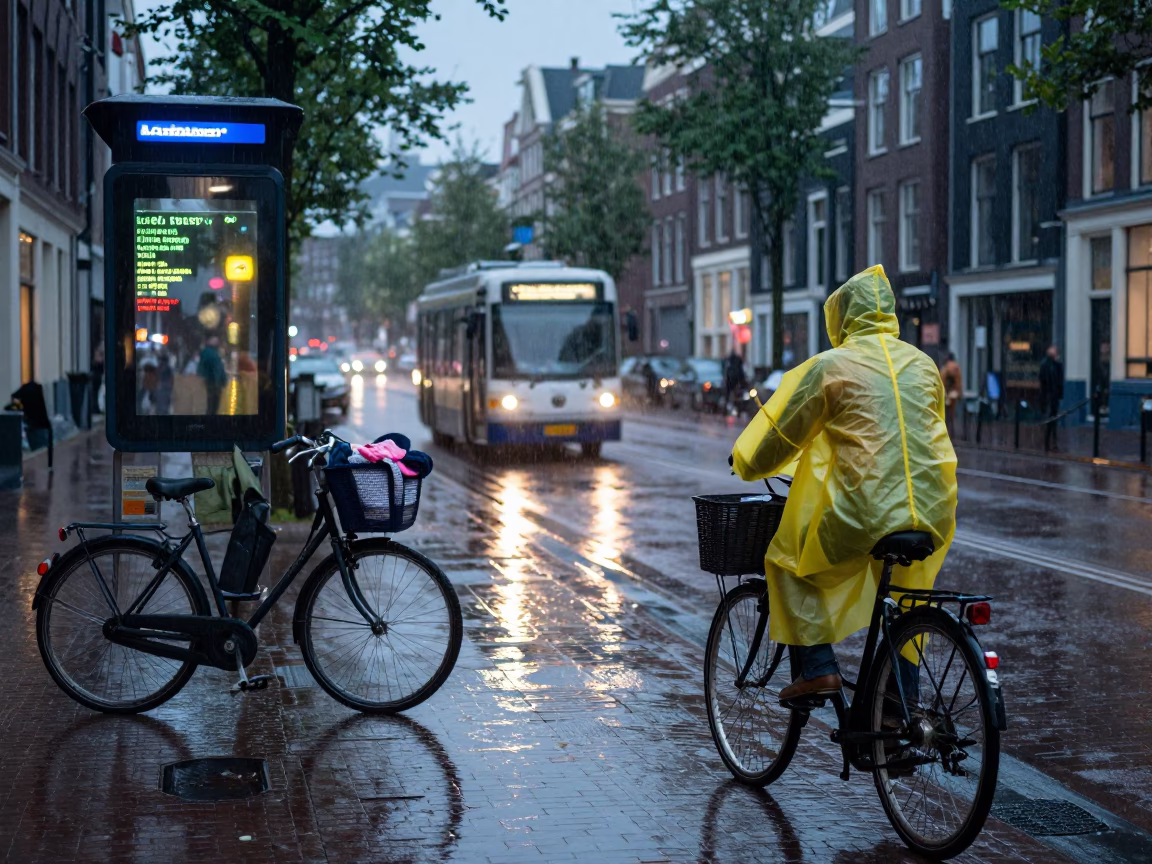 Cyclist in Amsterdam at Dusk Light in in Amsterdam, Netherlands
