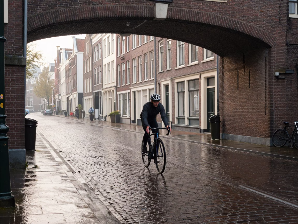 Cyclist in Amsterdam at First Light in in Amsterdam, Netherlands