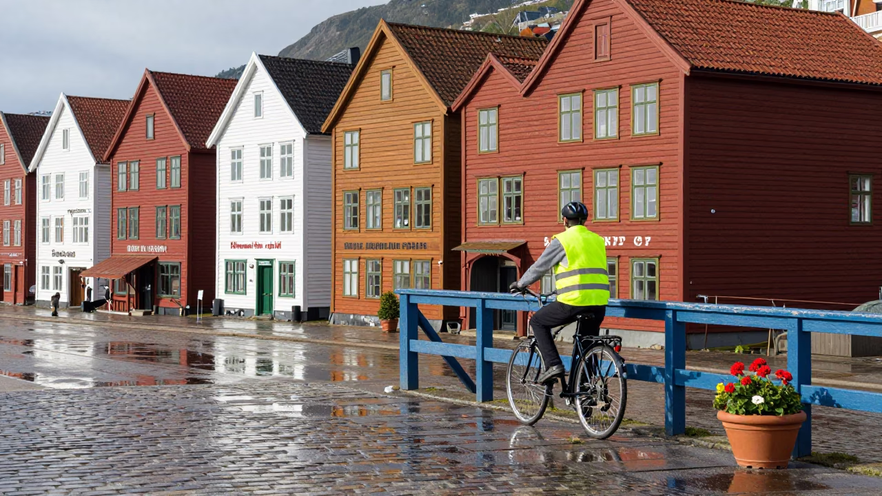 Cyclist in Bergen at Flat Noon Light in in Bergen, Norway