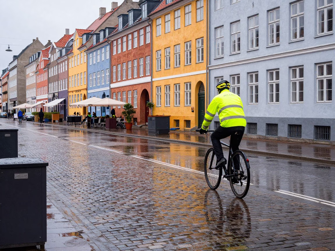 Cyclist in Copenhagen at First Light in in Copenhagen, Denmark