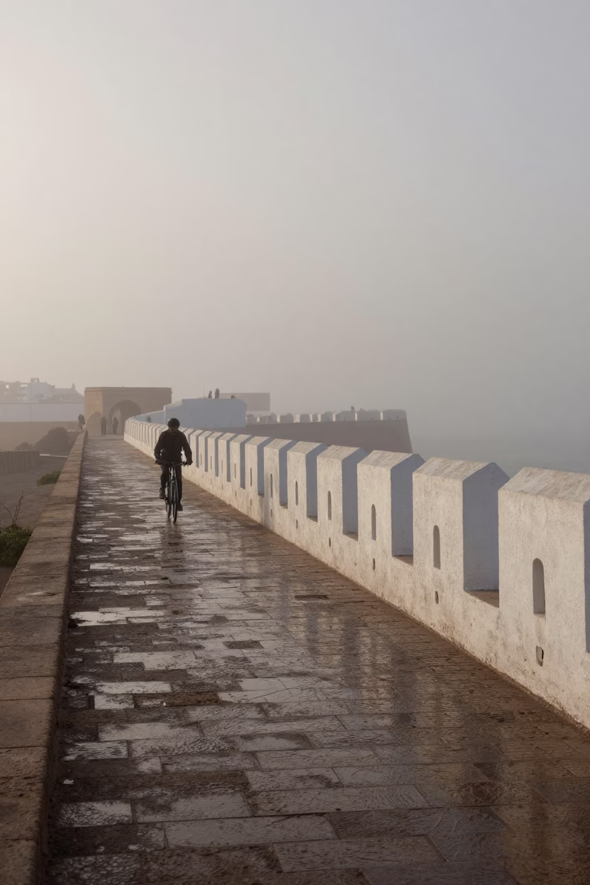 Cyclist in Essaouira at Dawn Light in in Essaouira, Morocco