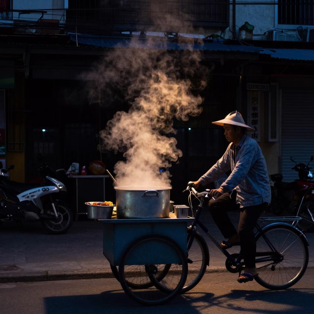 Cyclist in Ho Chi Minh City at The Predawn Darkness Light in in Ho Chi Minh City, Vietnam