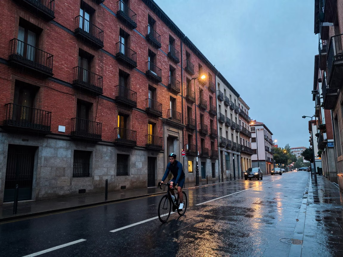 Cyclist in Madrid at Dusk Light in in Madrid, Spain