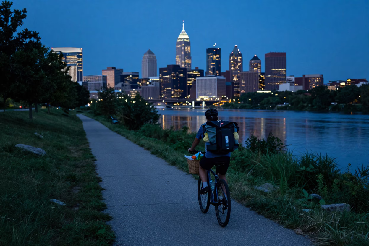 Cyclist in Philadelphia at Blue Hour in in Philadelphia, Pennsylvania, United States