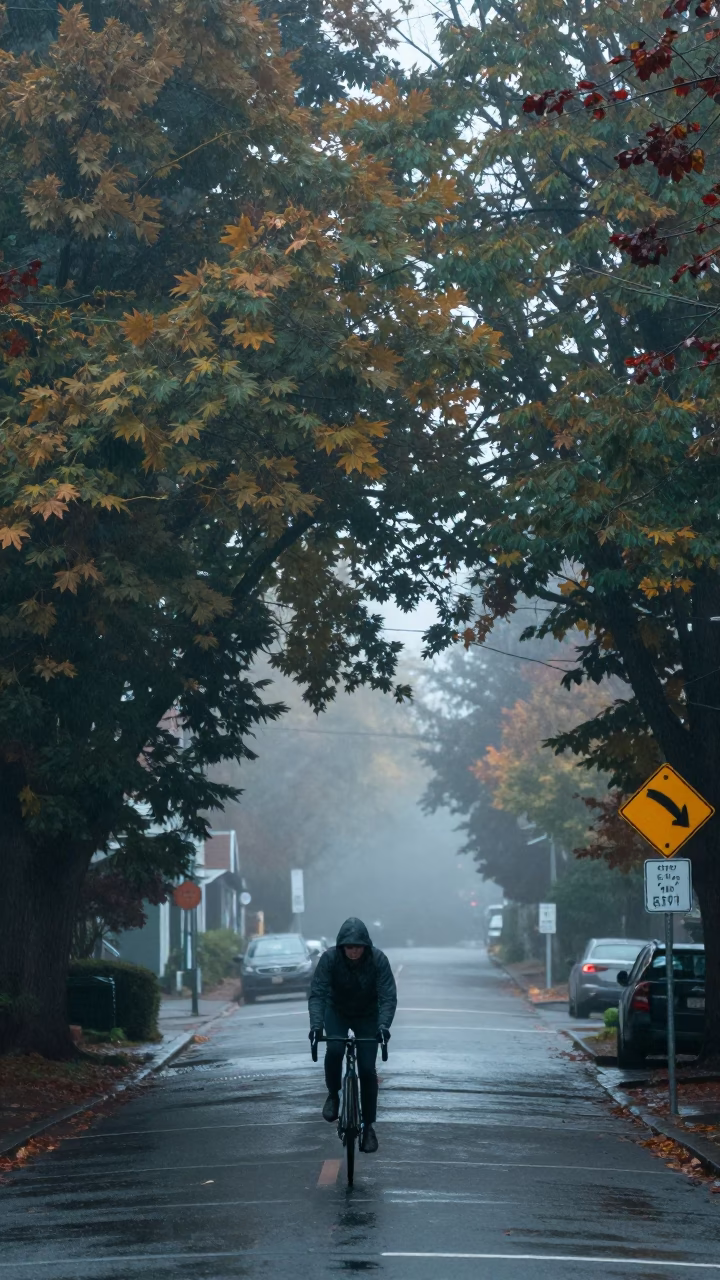 Cyclist in Portland at Dawn Light in in Portland, Oregon, United States