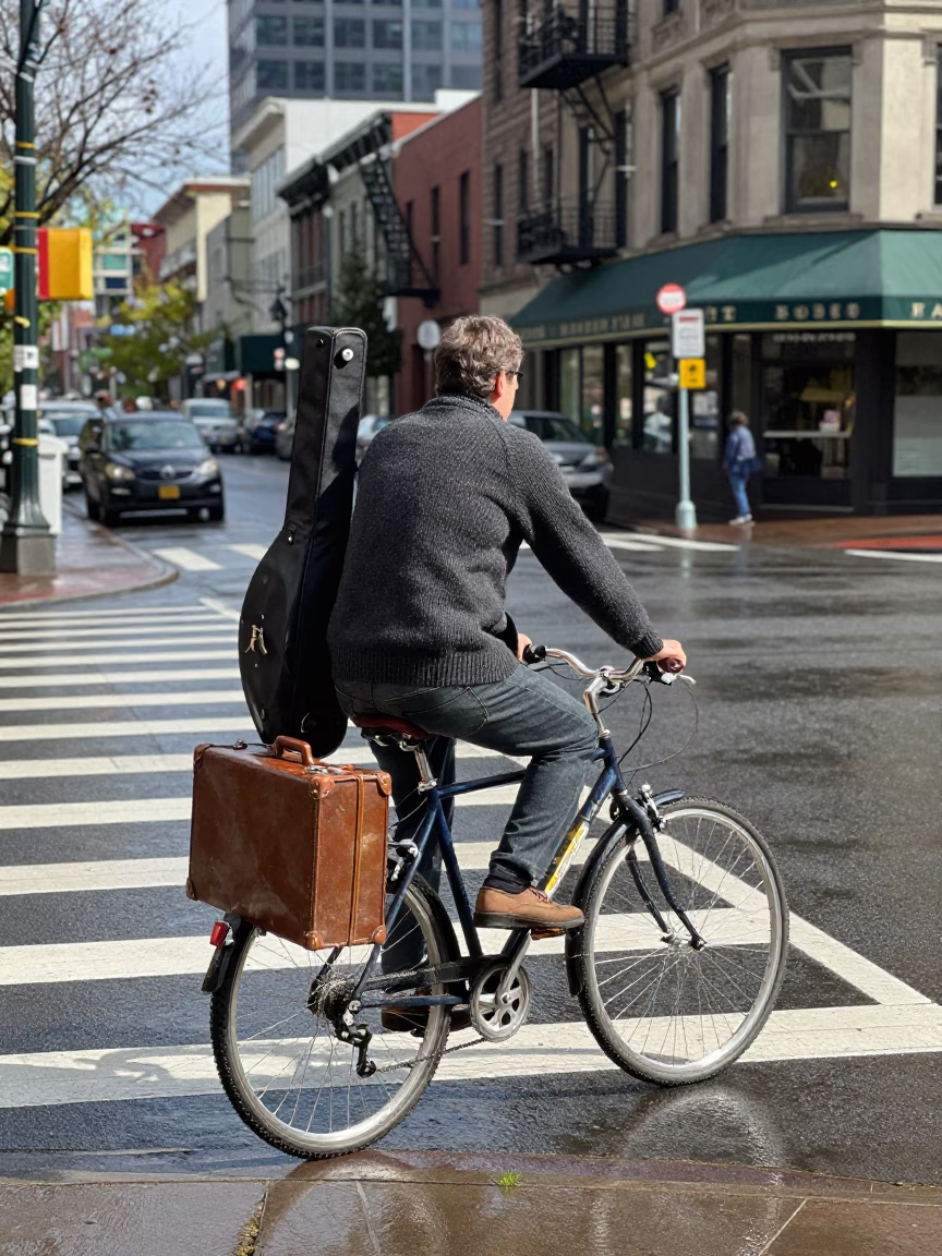 Cyclist in Portland at Flat Noon Light in in Portland, Oregon, United States