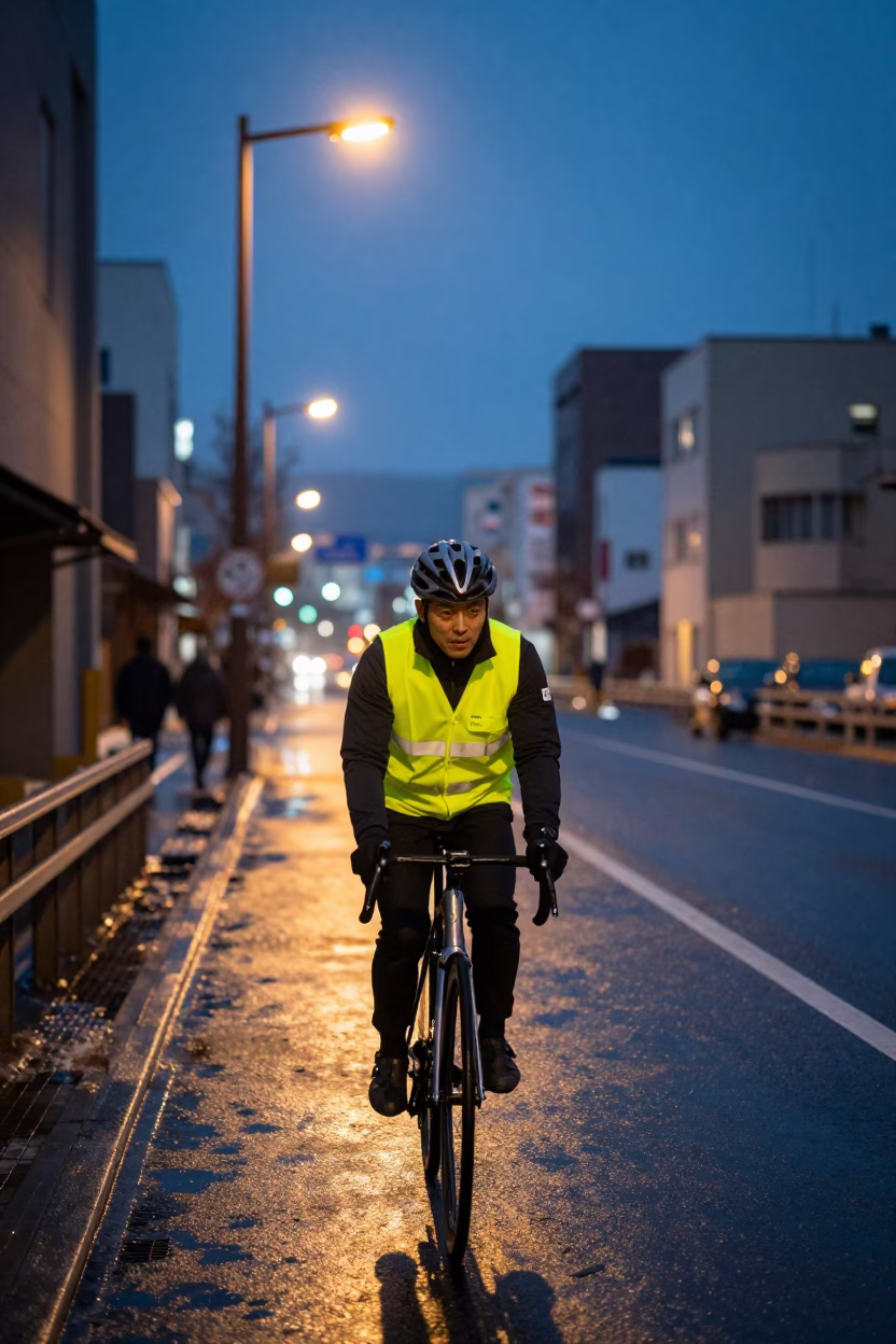 Cyclist in Sapporo at Blue Hour in in Sapporo, Japan