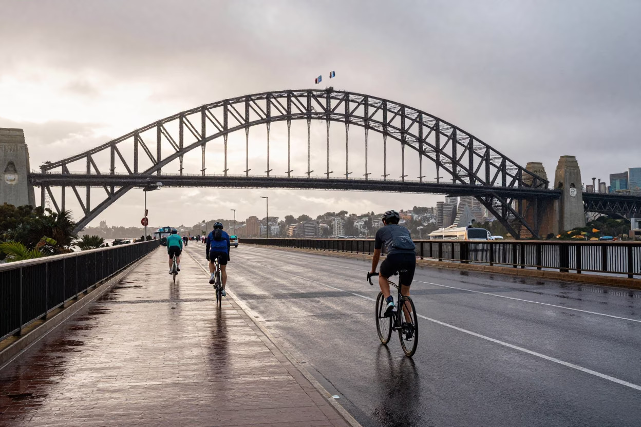 Cyclist in Sydney at First Light in in Sydney, New South Wales, Australia