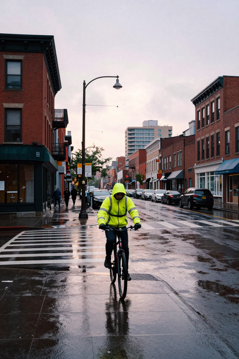 Cyclist in Toronto at First Light in in Toronto, Ontario, Canada