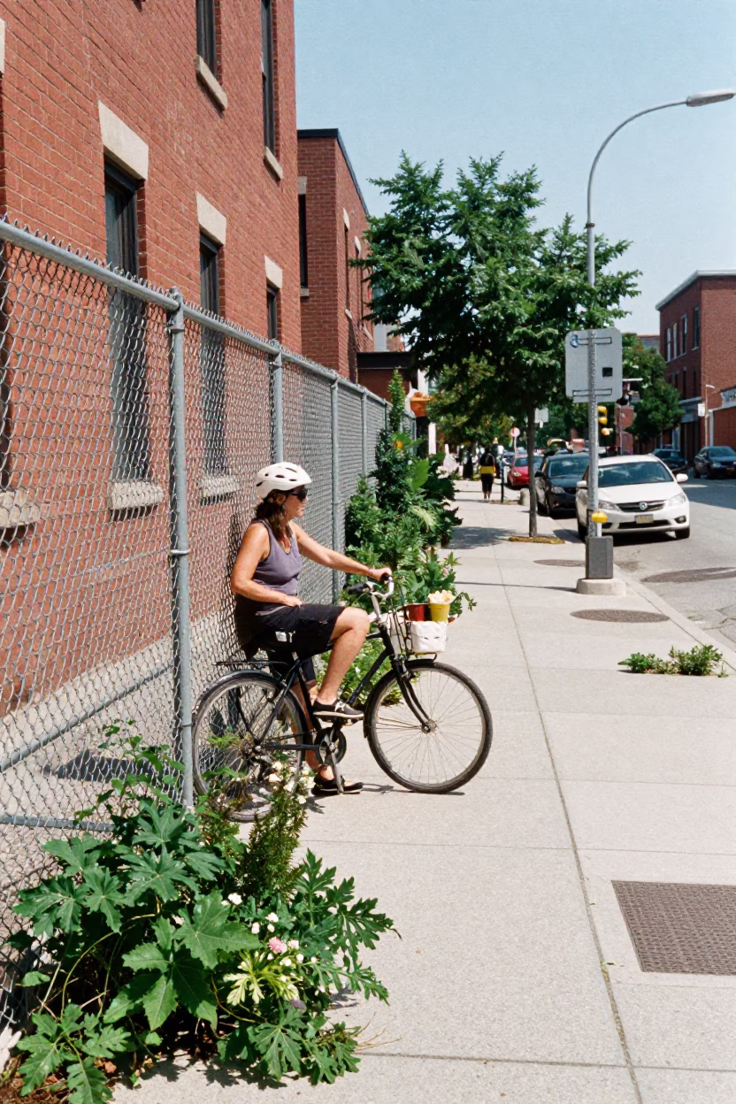 Cyclist in Toronto at Flat Noon Light in in Toronto, Ontario, Canada