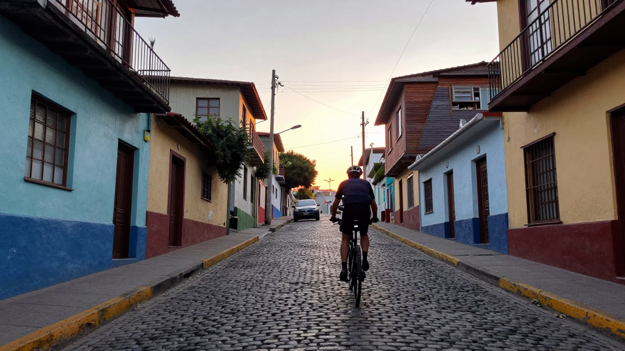 Cyclist in Valparaiso at Evening Light in in Valparaiso, Chile
