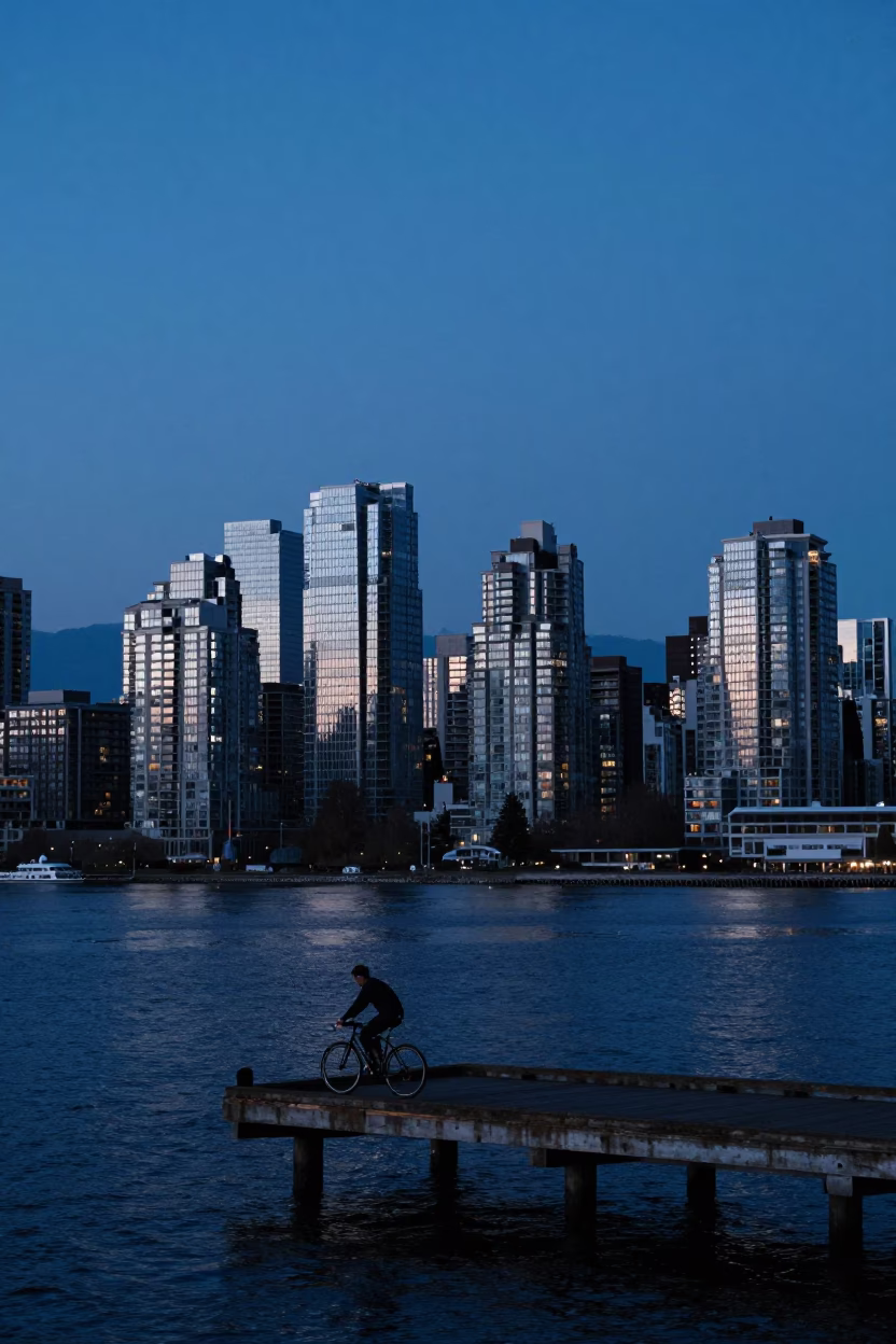 Cyclist in Vancouver at Blue Hour in in Vancouver, British Columbia, Canada