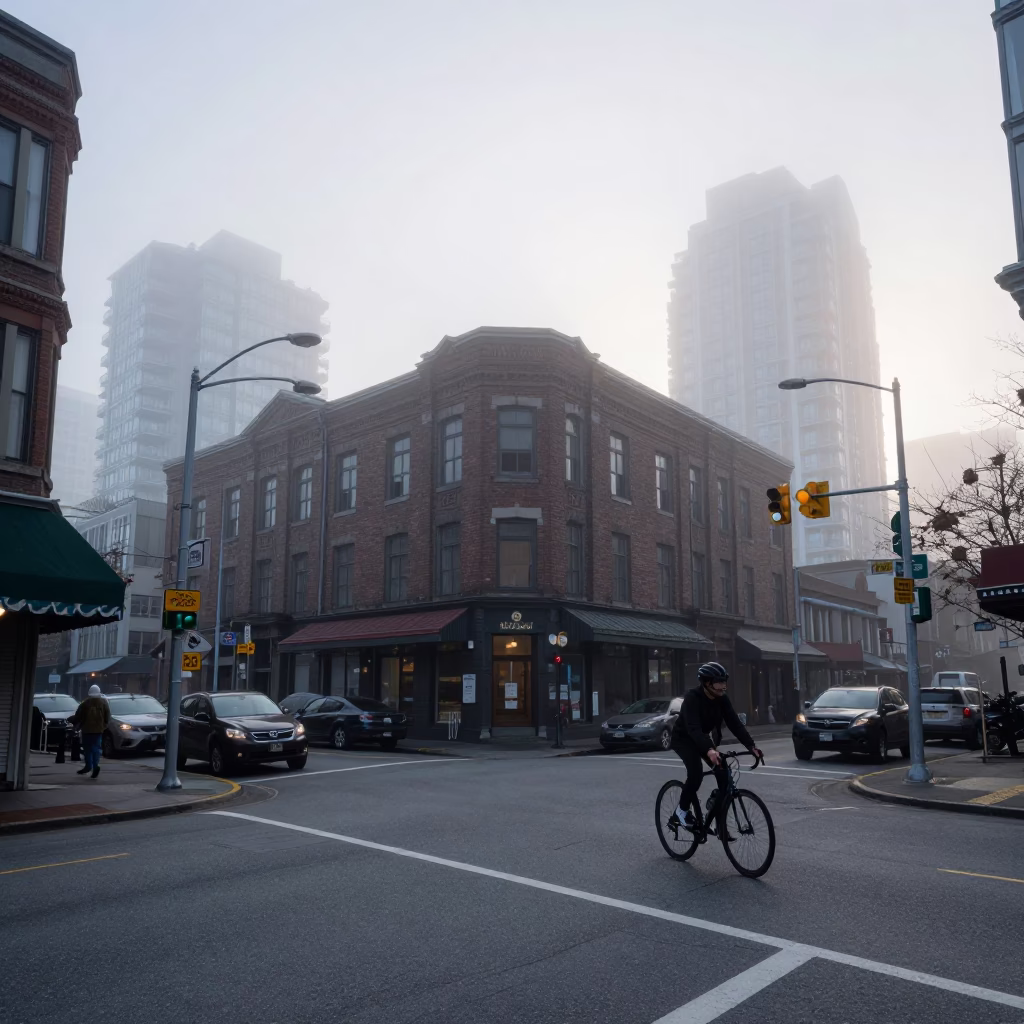 Cyclist in Vancouver at Dawn Light in in Vancouver, British Columbia, Canada
