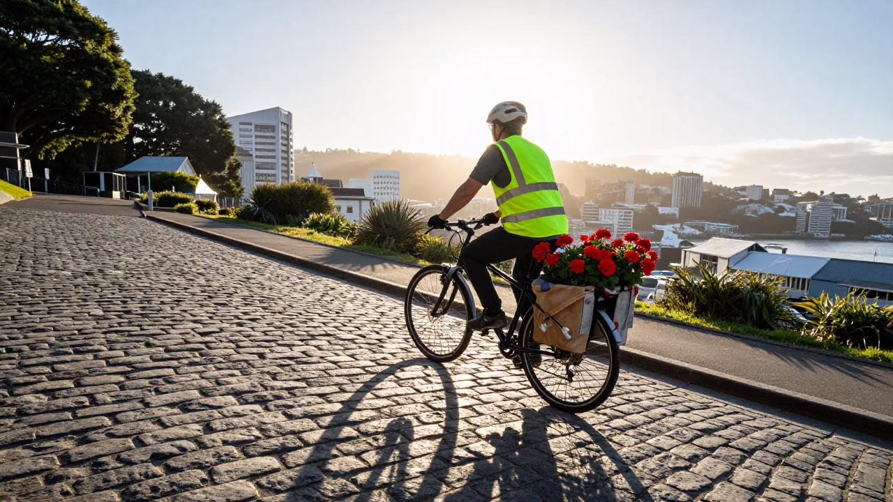 Cyclist in Wellington at The Late Morning Light in in Wellington, New Zealand
