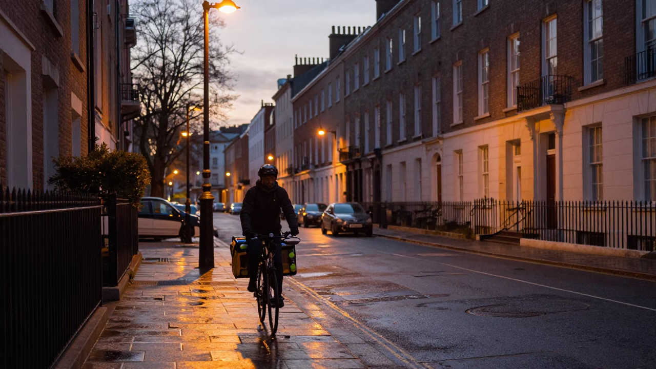 Cyclist just after sunrise in Dublin in in Dublin, Ireland