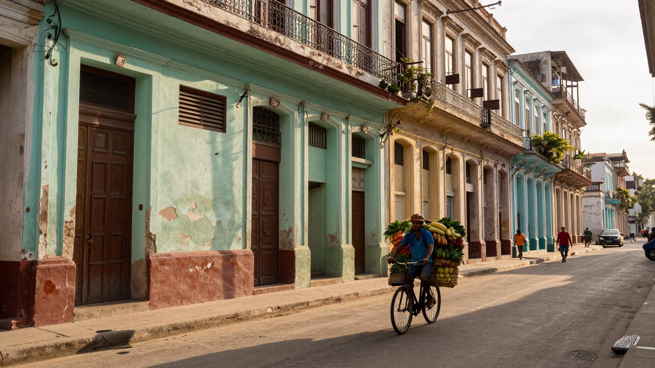 Cyclist just after sunrise in Havana in in Havana, Cuba
