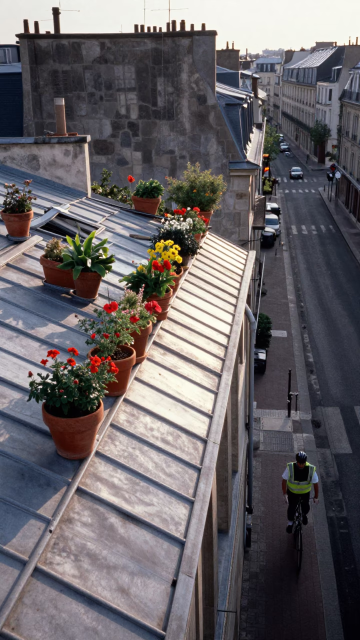 Cyclist just after sunrise in Paris in in Paris, France