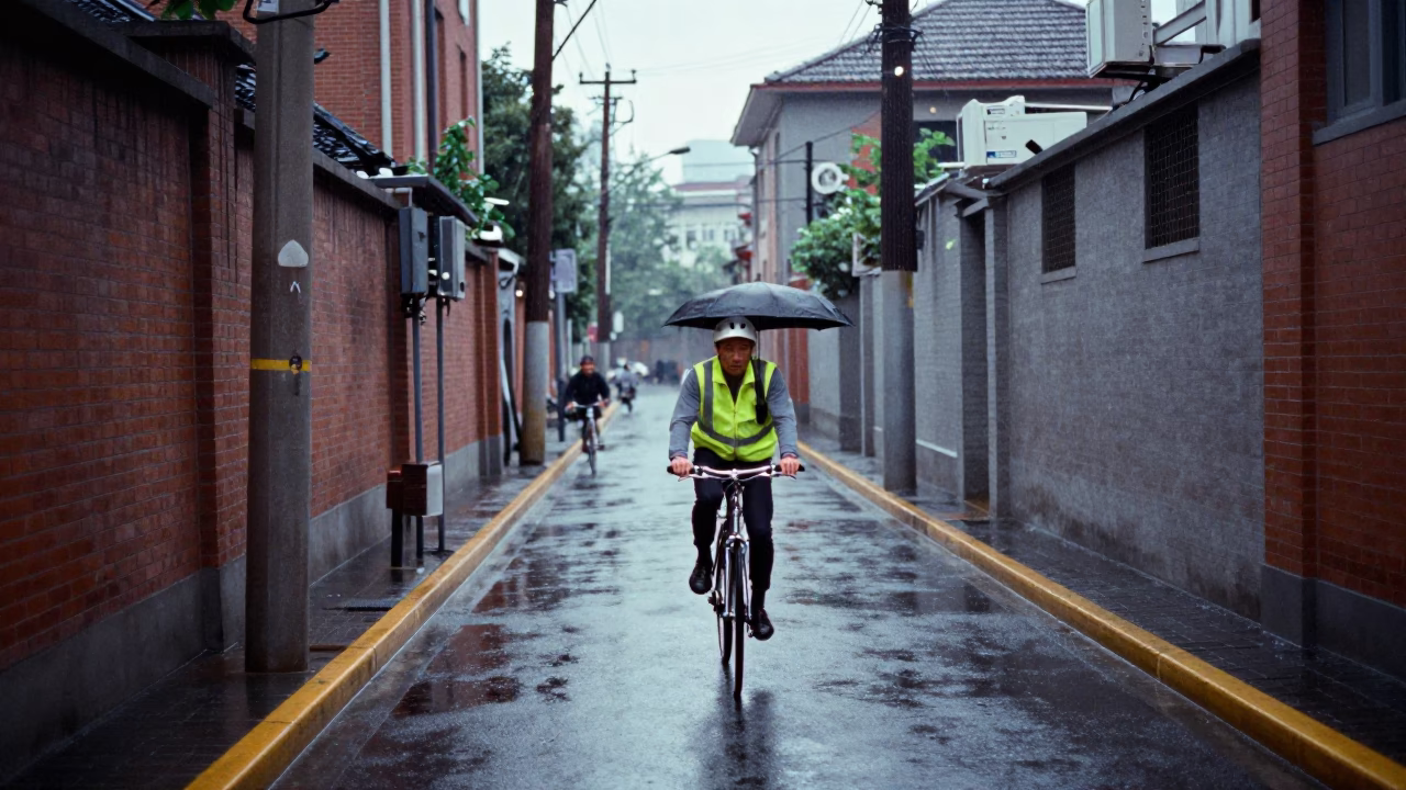 Cyclist just after sunrise in Shanghai in in Shanghai, China