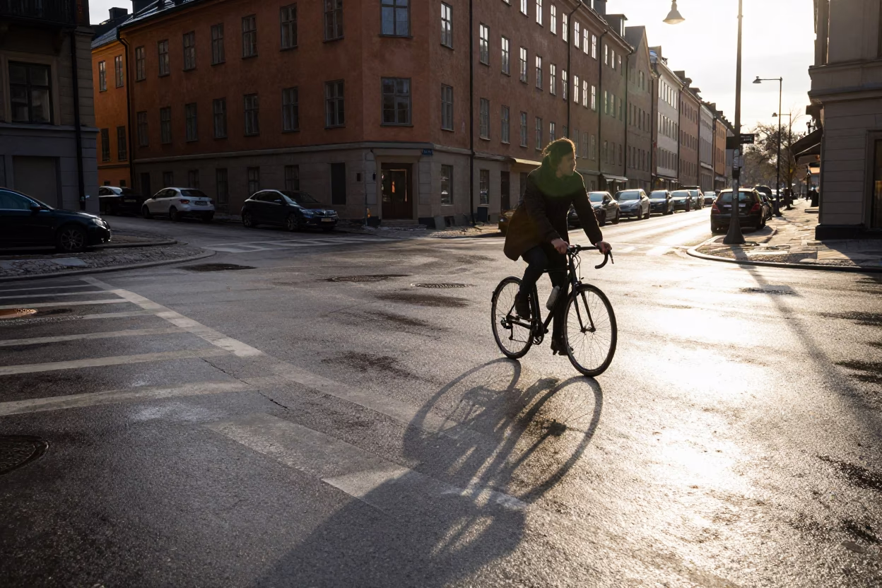 Cyclist just after sunrise in Stockholm in in Stockholm, Sweden