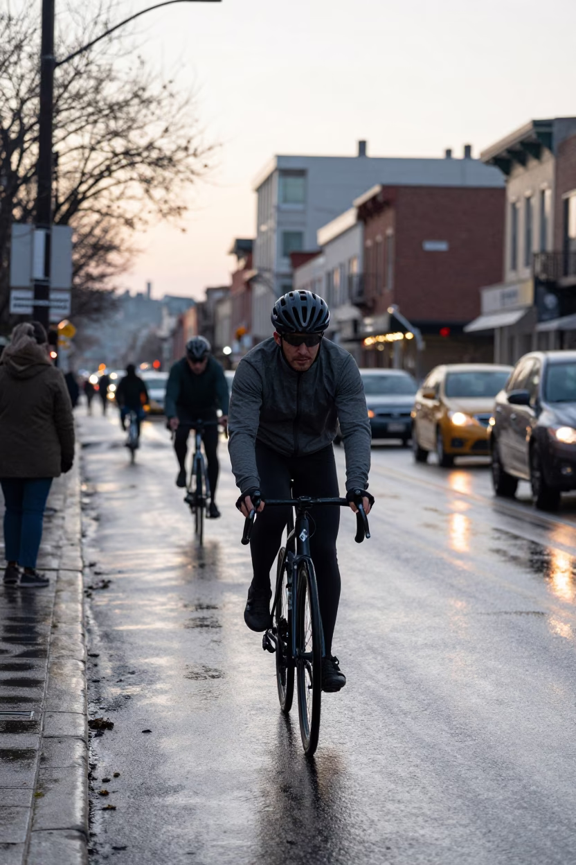 Cyclist just after sunrise in Toronto in in Toronto, Ontario, Canada