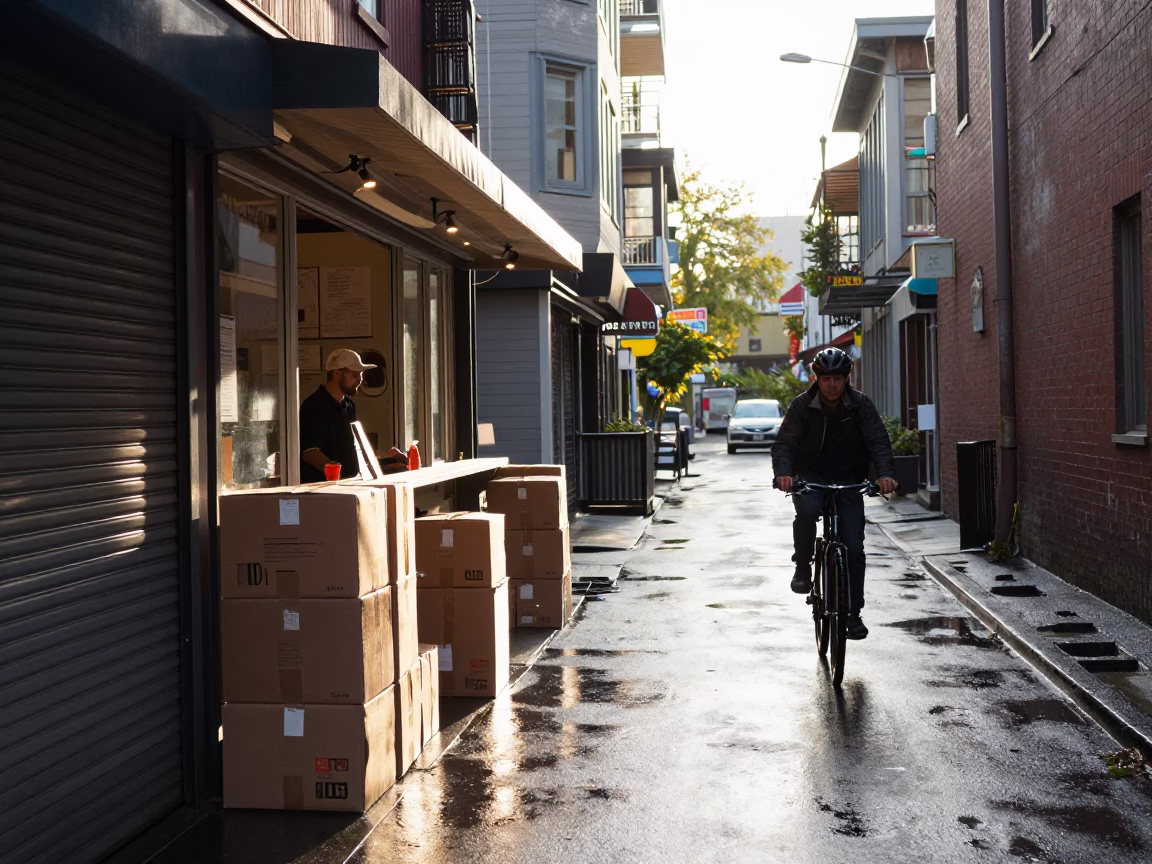 Cyclist just after sunrise in Vancouver in in Vancouver, British Columbia, Canada