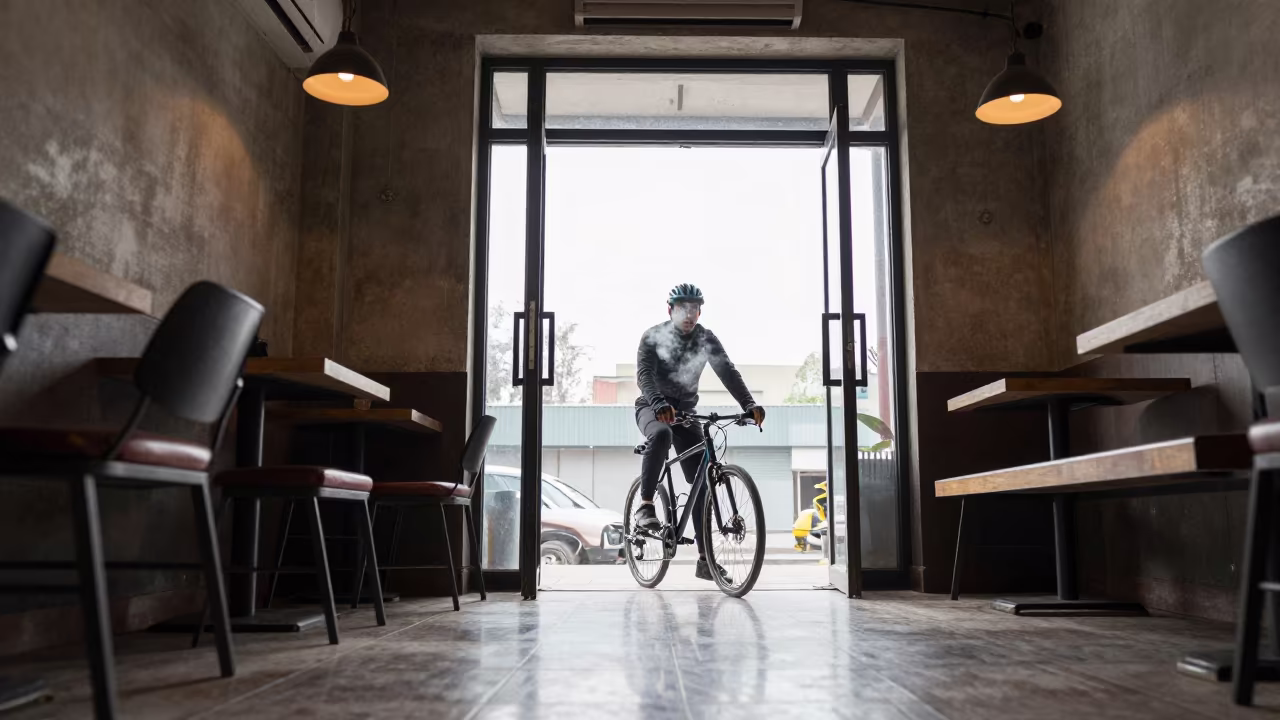 Cyclist in Lahore Cafe Winter Light in in a cafe in Lahore