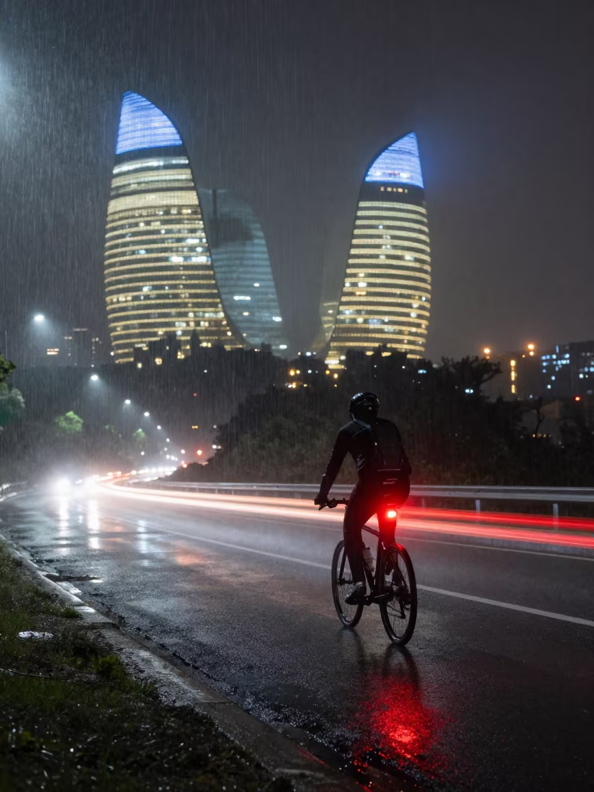 Cyclist Light Trail Foggy Hillside Midnight in on a hillside near Baku