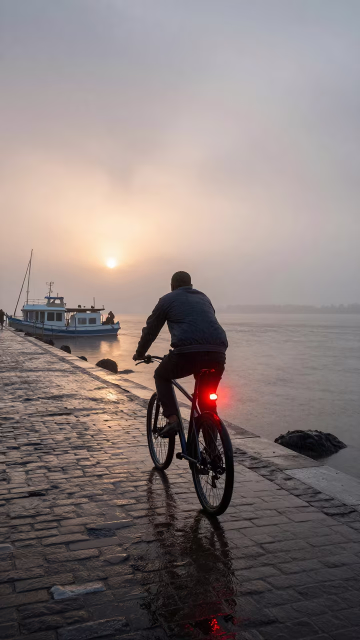 Cyclist Light Trail Through Harbor Fog at Sunset in at a harbor quay near Hadejia