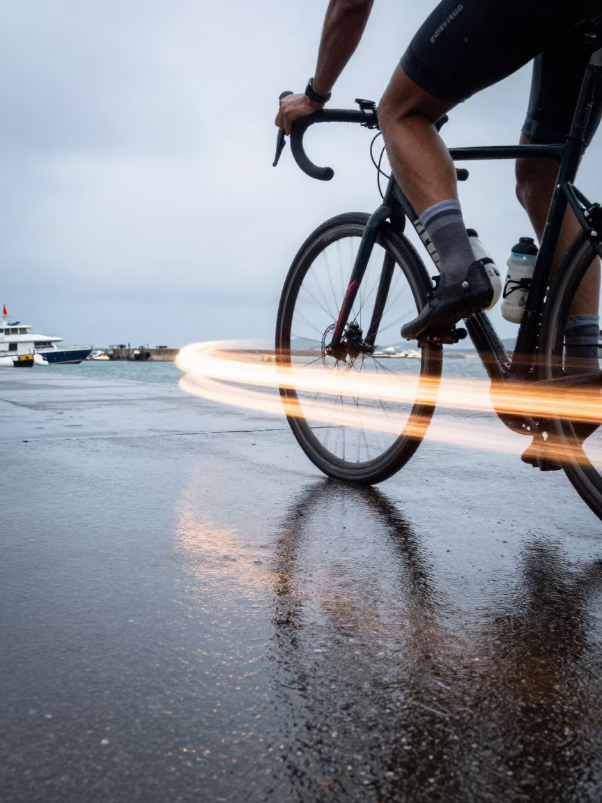 Cyclist Light Trail Harbor Quay Midday Monsoon in at a harbor quay near San-Pédro