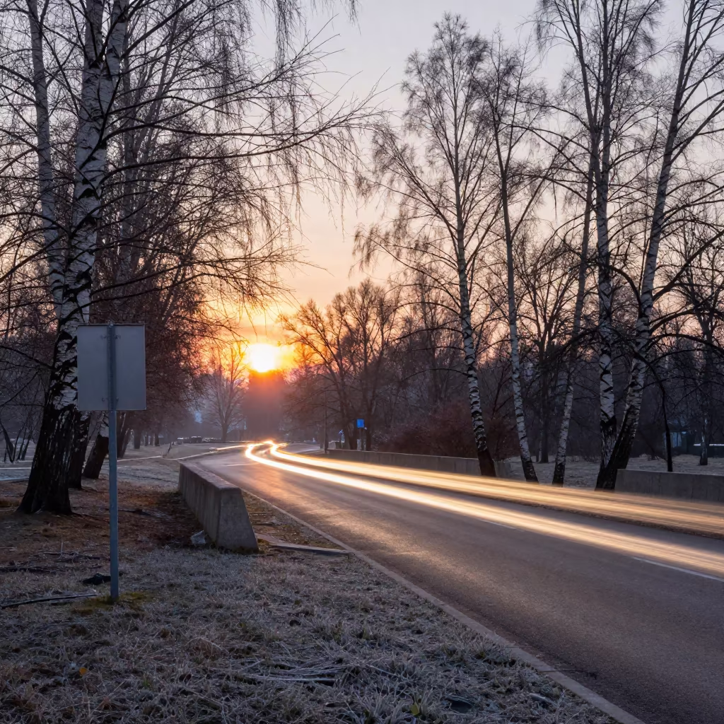 Cyclist Light Trail at Minsk Sunrise in at a roadside stop near Minsk