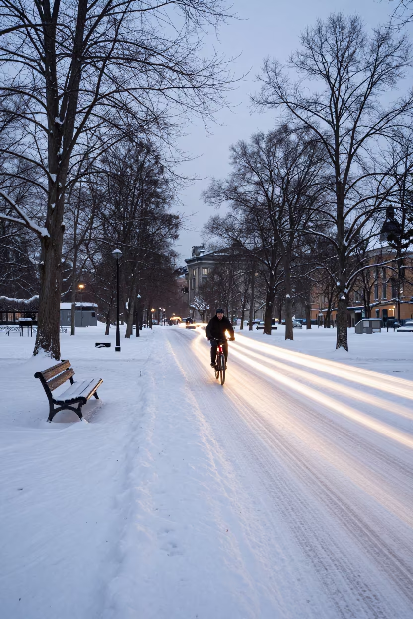 Cyclist Light Trail Winter Park Helsinki in along a beach near Punavuori, Helsinki