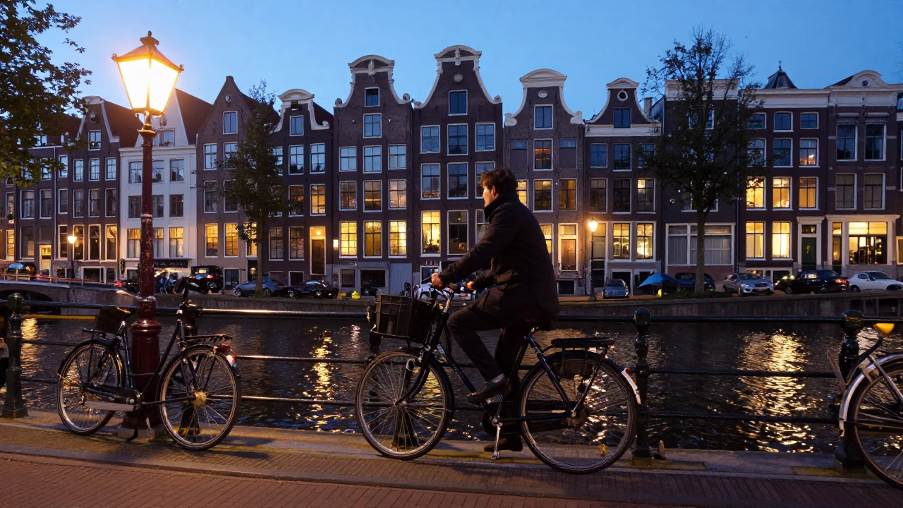Cyclist navigating Amsterdam canal at dusk with bicycle lock and brick architecture in in Amsterdam, Netherlands