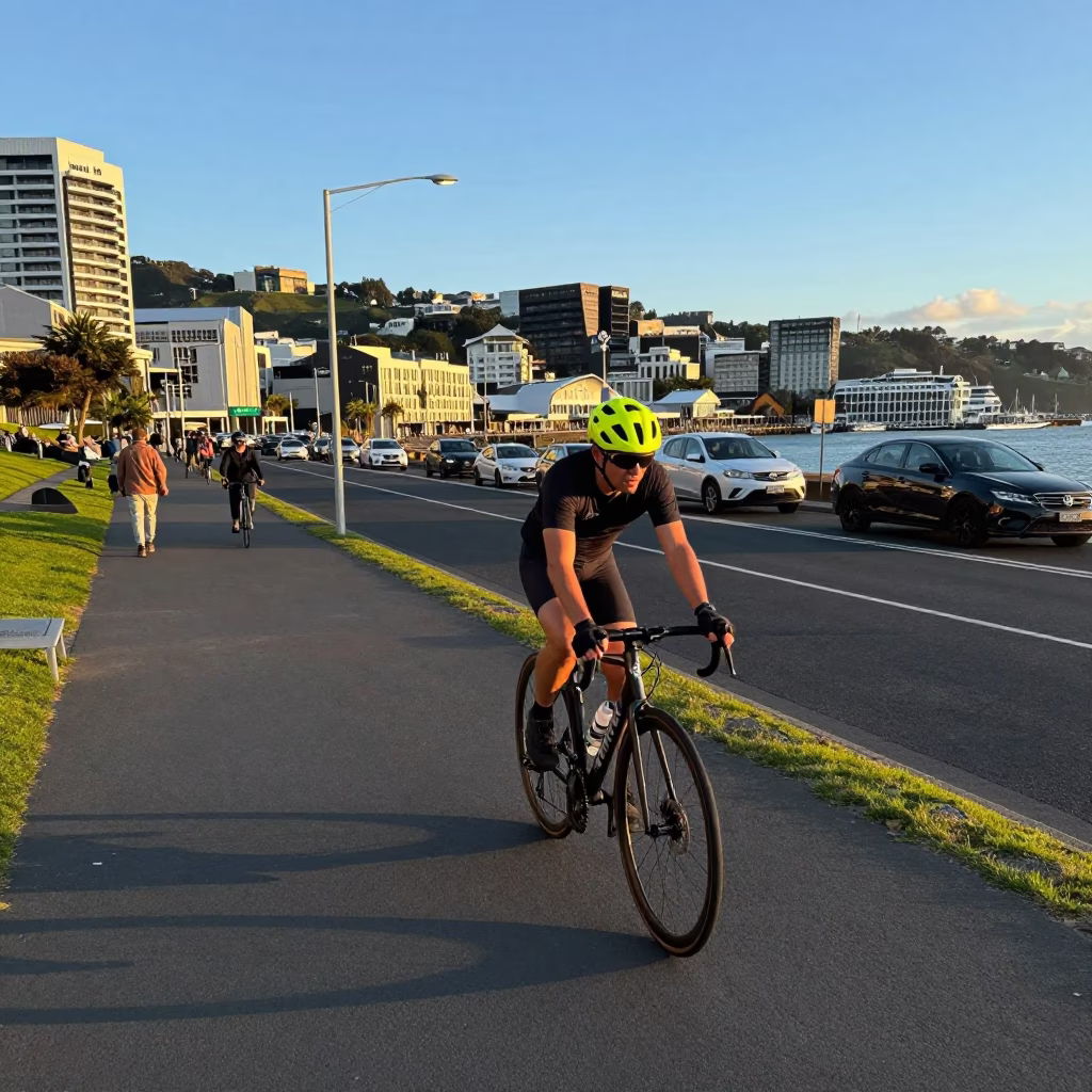 Cyclist navigating busy Wellington street in late afternoon light near waterfront in in Wellington, New Zealand