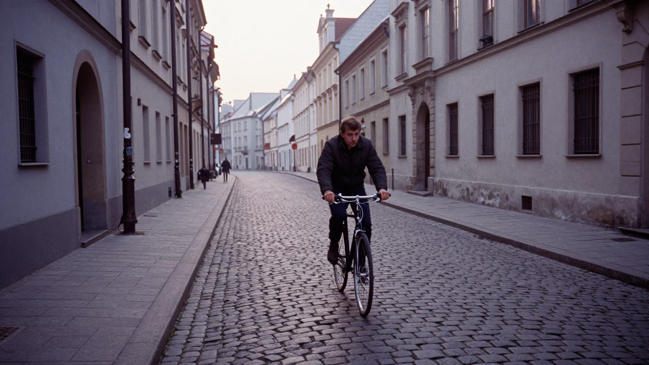 Cyclist Navigating Cobblestone Street in Early Morning Krakow Poland in in Krakow, Poland