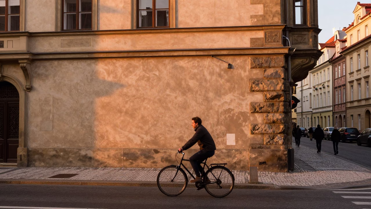 Cyclist Passing Historic Prague Street Corner in Warm Copper Dusk Light in in Prague, Czech Republic