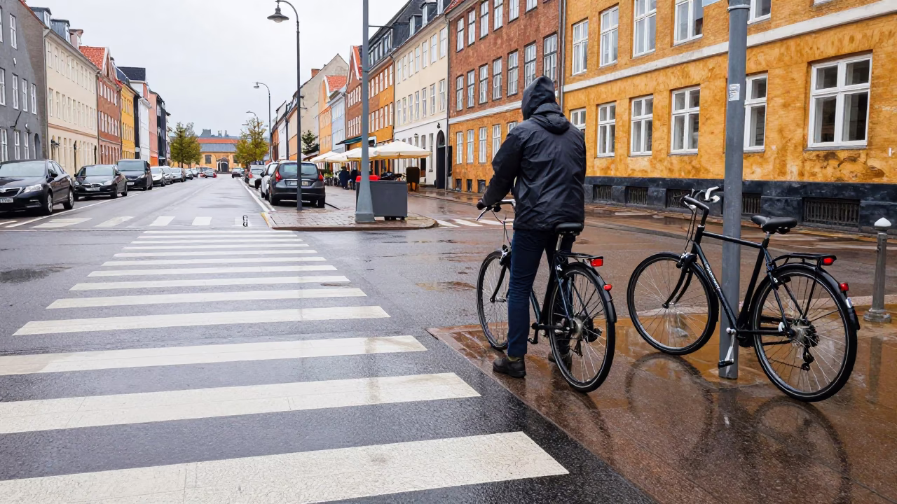 Cyclist Paused in Copenhagen in in Copenhagen, Denmark