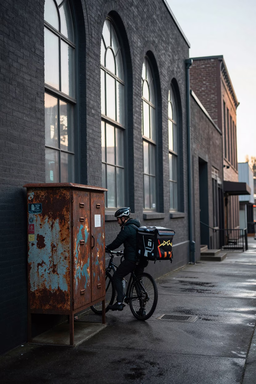 Cyclist Paused in Portland in in Portland, Oregon, United States