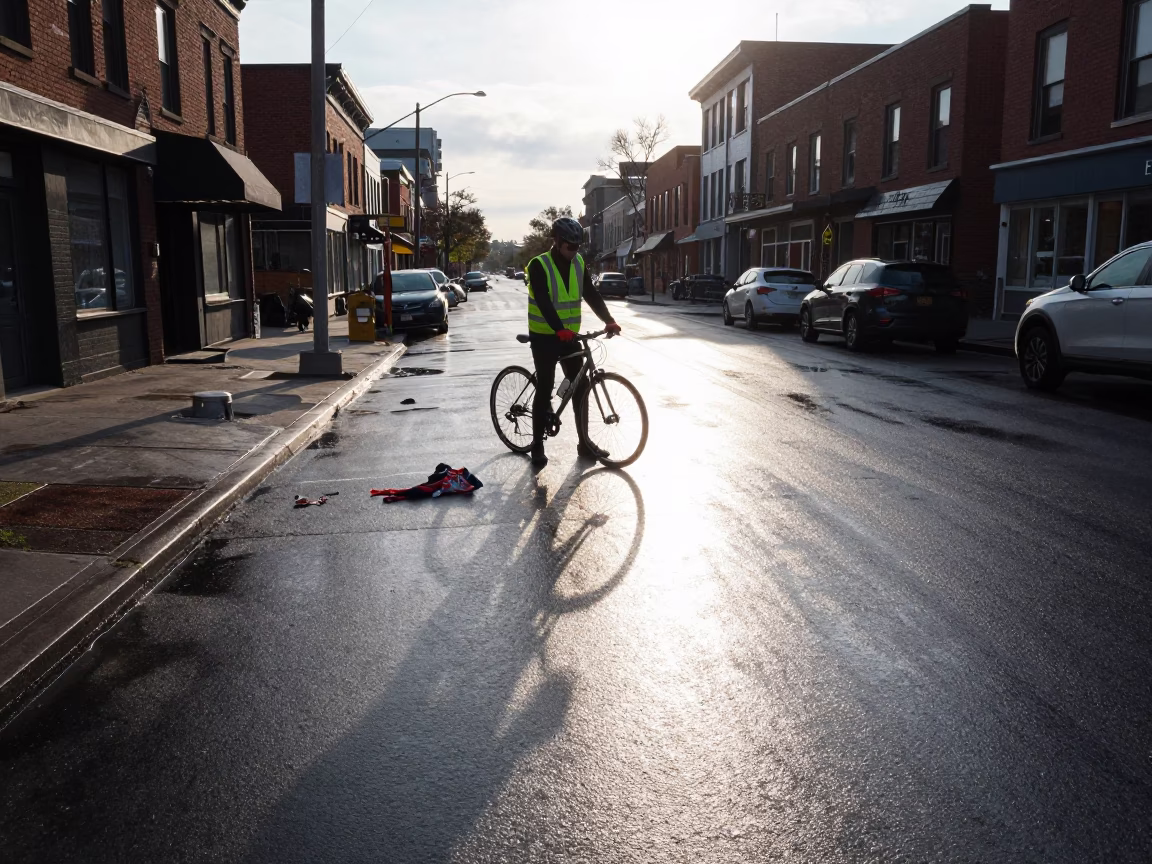 Cyclist Paused in Toronto in in Toronto, Ontario, Canada