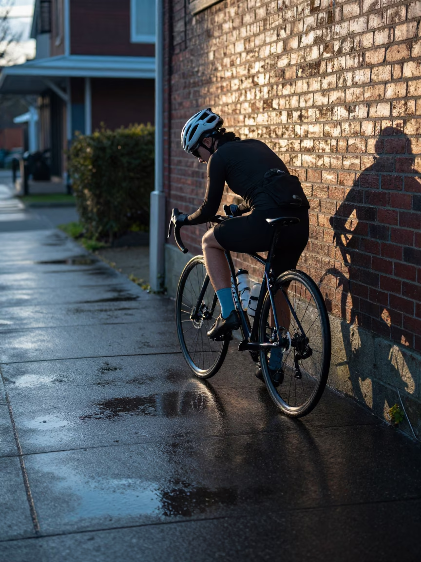 Cyclist Paused in Vancouver in in Vancouver, British Columbia, Canada