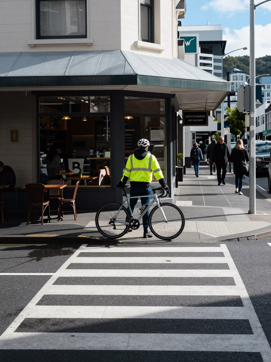 Cyclist Paused in Wellington in in Wellington, New Zealand