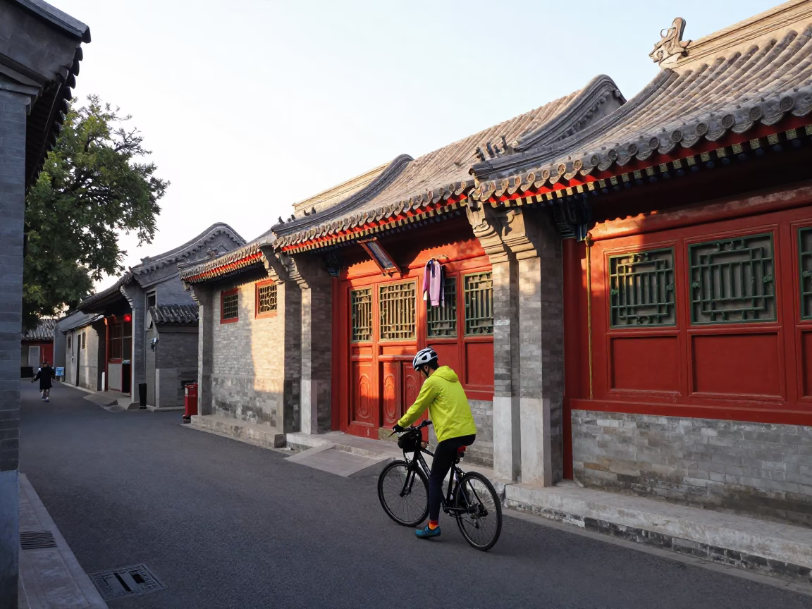 Cyclist Pausing in Beijing in in Beijing, China