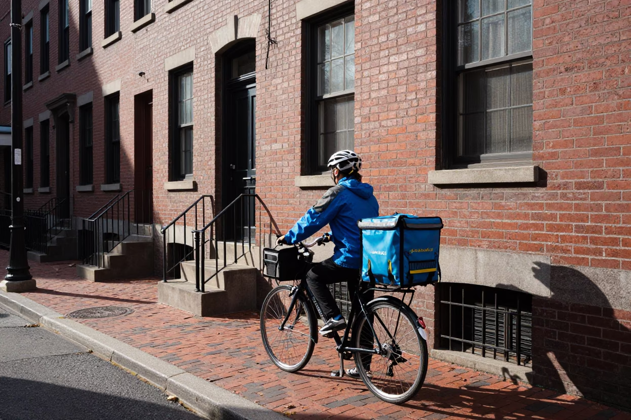 Cyclist Pausing in Boston in in Boston, Massachusetts, United States