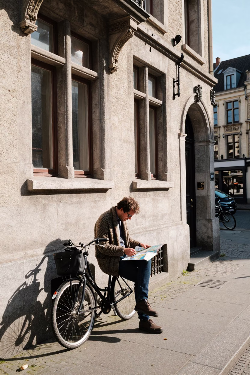 Cyclist Pausing in Brussels in in Brussels, Belgium