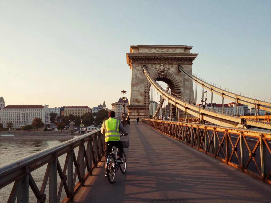 Cyclist Pausing in Budapest in in Budapest, Hungary