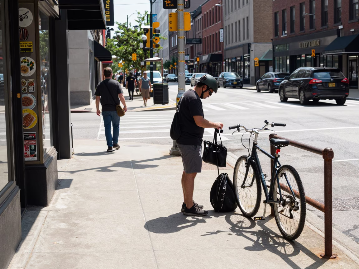 Cyclist Pausing in Chicago in in Chicago, Illinois, United States