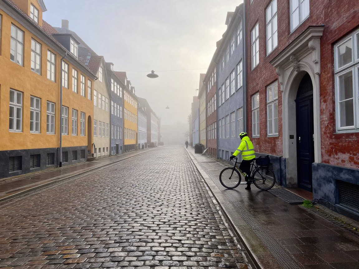 Cyclist Pausing in Copenhagen in in Copenhagen, Denmark