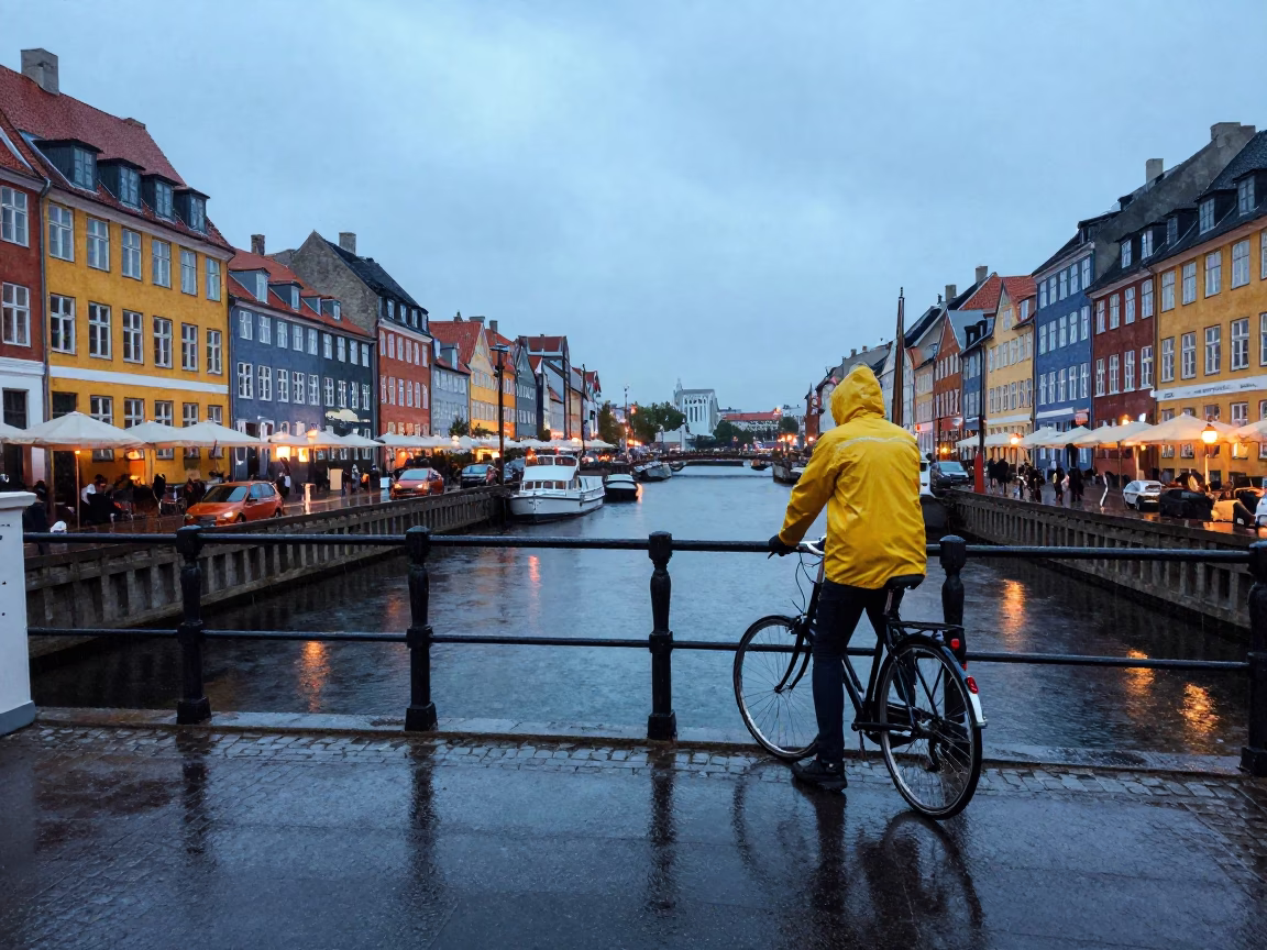 Cyclist Pausing in Copenhagen in in Copenhagen, Denmark