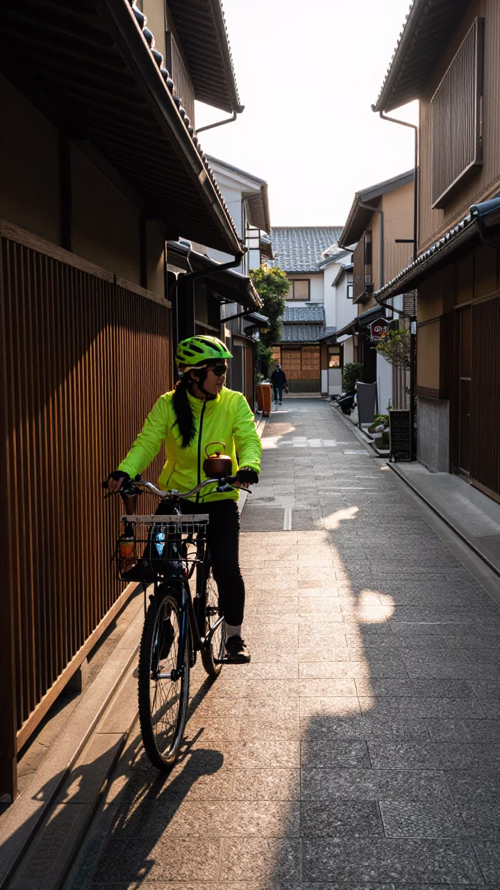 Cyclist Pausing in Fukuoka in in Fukuoka, Japan