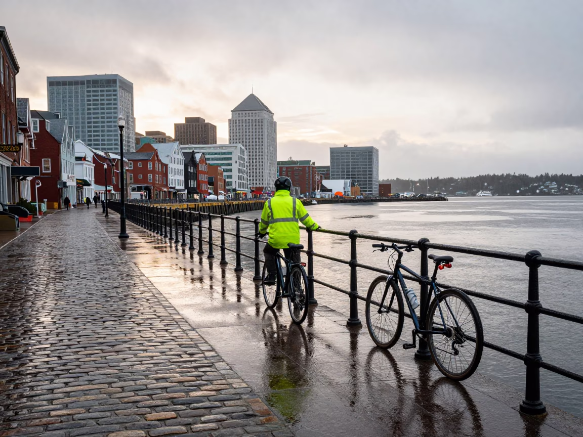 Cyclist Pausing in Halifax in in Halifax, Nova Scotia, Canada