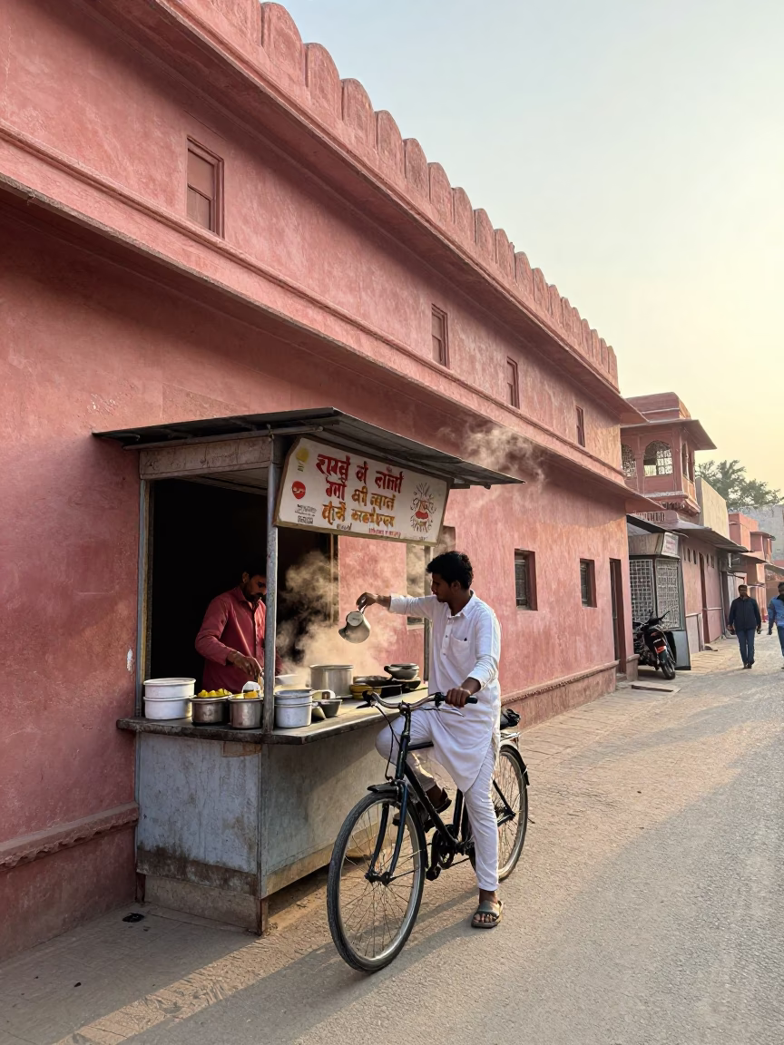 Cyclist Pausing in Jaipur in in Jaipur, India